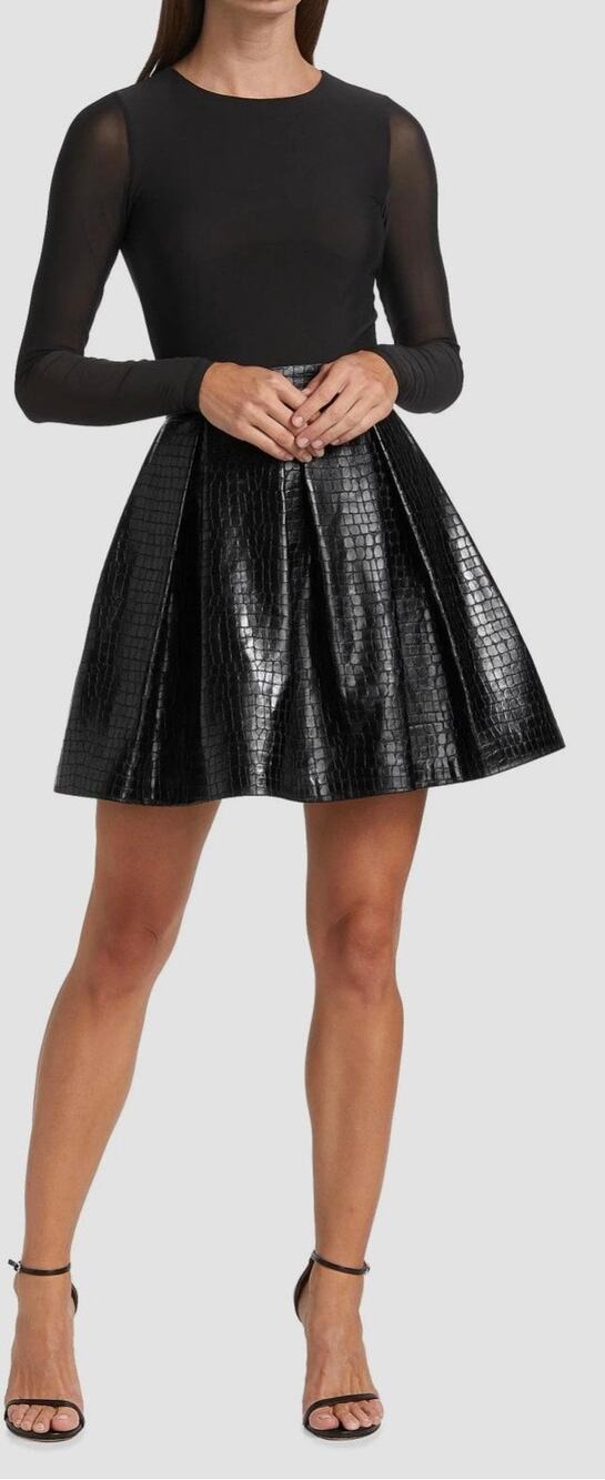 Alice + Olivia Chara Croc Embossed Faux Leather Pleated Dress Black Size 4 $375